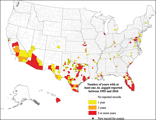 Map showing U.S. counties documenting the presence of at least one Aedes aegypti mosquito between 1995 and 2016. 