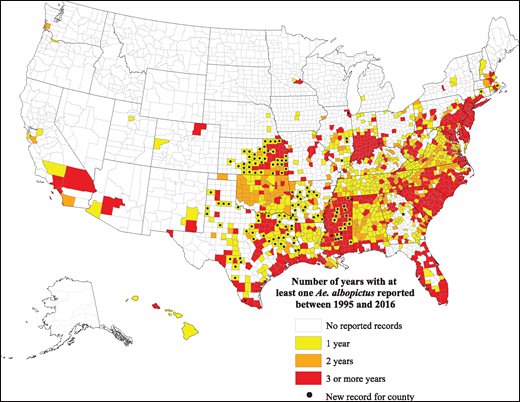 Map showing U.S. counties documenting the presence of at least one Aedes albopictus mosquito between 1995 and 2016. 